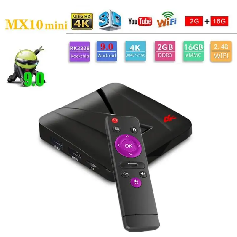 

MX10 Mini TV Box RK3328 Quad Core Android 9.0 2GB RAM 16GB ROM HDTV Smart TV Set Top Box 4K 3D WiFi H.265 Media Player
