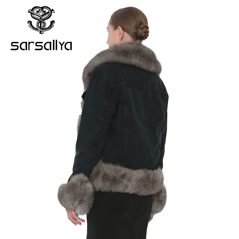 SARSALLYA натуральным лисьим мехом джинсовая куртка Модные женские туфли пальто
