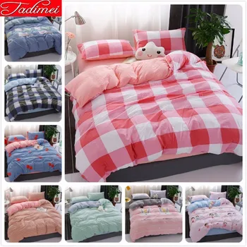 

100% Washed Cotton Soft Pink Plaid Duvet Cover 3/4 pcs Bedding Set Adult Kids Bed Linen Coverlet Single Twin Queen King Big Size