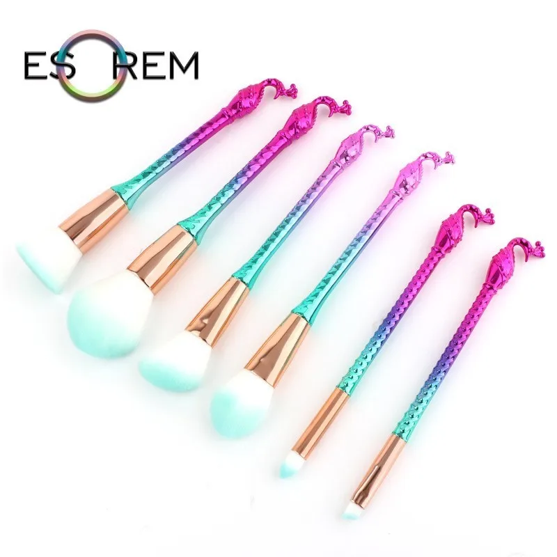 

ESOREM Girls 6pcs Pink Makeup Cosmetic Brush Set Kit Blusher Powder Foundation Brush Peacock Head Brochas Maquillaje Profesional