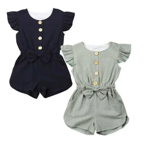 

Pudcoco 1-6T Toddler Kids Baby Girls Clothes Ruffle Fly Sleeve Bowknot Rompers Solid Button Jumpsuit Summer Kids Outfits