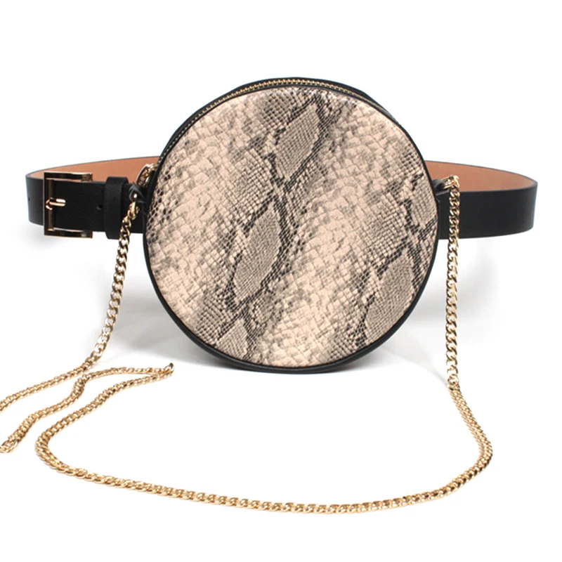 

Round Waist Bag Women with Metal Chain Serpentine Belt Bags Ladies Barrel-shaped Snake Female PU Leather Phone Wallet Bum Bag