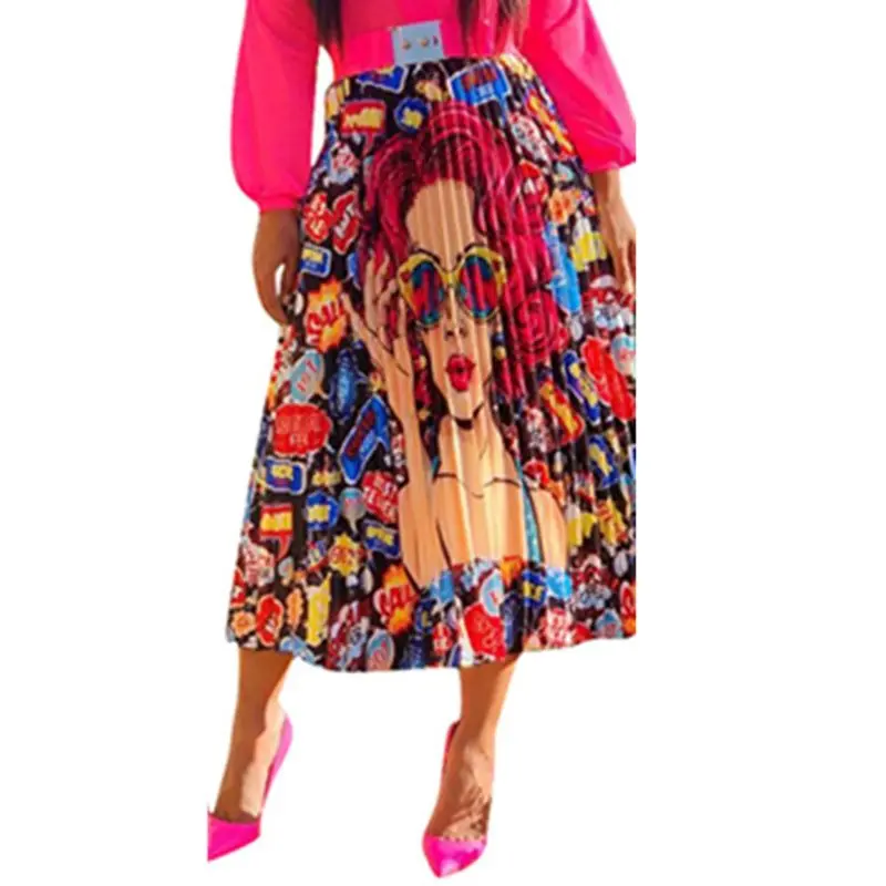 

Sexy Sweet Elegant Party Big Size 3XL Chic Women Long Skirts Pleated Cartoon Print Streetwear Graphic Blue Female Maxi Skirt