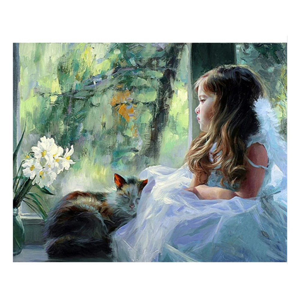 Frameless White Dress Girl and Cat Oil Painting Kit Digital on Linen for Modern Home Wall Decoration 40*50cm | Дом и сад