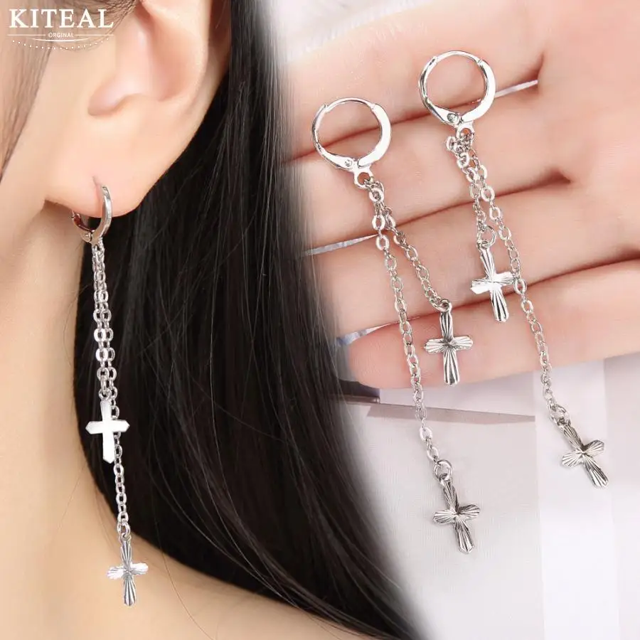 

Kiteal European and American fashion new minimalist silver hoop long metal chain tassel cross earrings elegant earrings jewelry