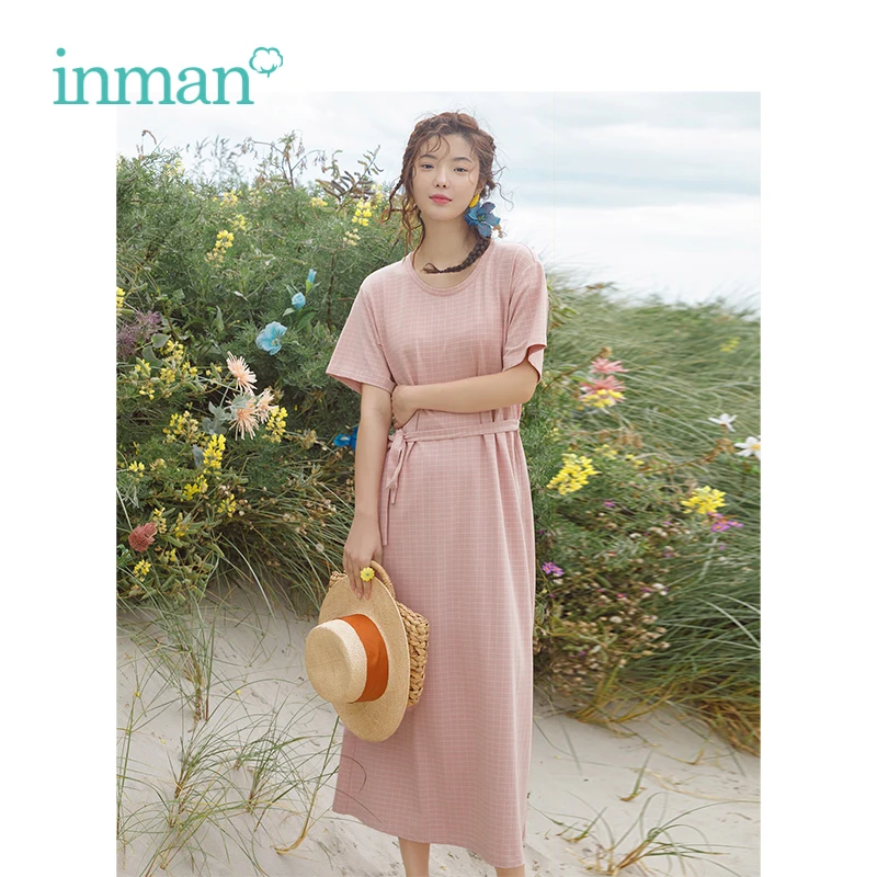 

INMAN 2019 Summer New Arrival O-neck Literary Plaid Casual With Belt Slim Women Straight Dresses