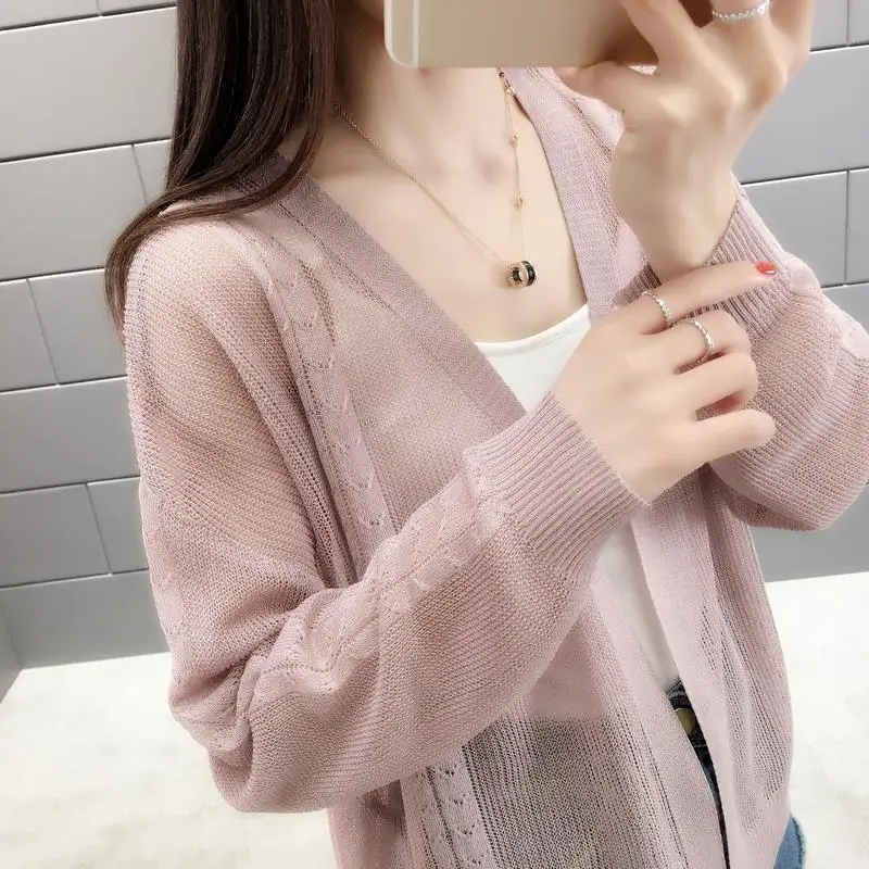 2019 Summer Thin Cardigan Sunscreen Air Conditioning Long Sleeves Shirt V-neck Ice Silk Women Cardigan Jacket