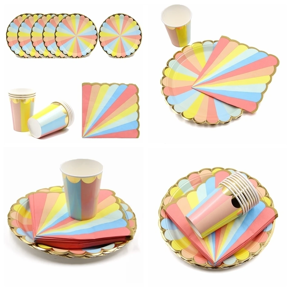 

New Color Striped Candy Color Phnom Penh Paper Plate Cup Napkin Cutlery Set Wedding Birthday Party Supplies Holiday Decoration