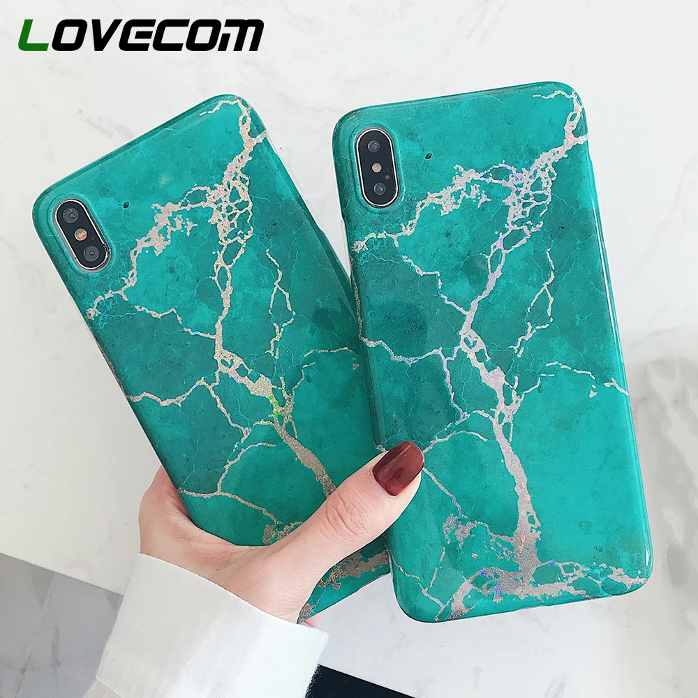 

LOVECOM Luxury Emerald Green Crack Phone Case For iphone X XS Max XR 6 6S 7 8 Plus Full Body Soft IMD Phone Back Cover Gift