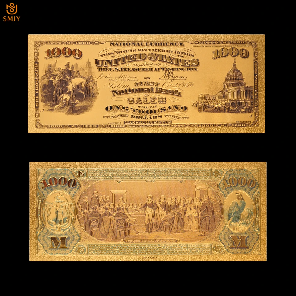 Новые товары США 1875 золотые банкноты 24k поддельные купюры 1000 долларов с COA рамкой
