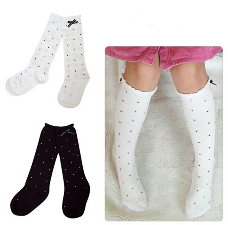 

1Pair Lace Bowknot Knee-high Girls Socks Knee Princess Dancing Black White Dot Cotton Children Students Style Kids