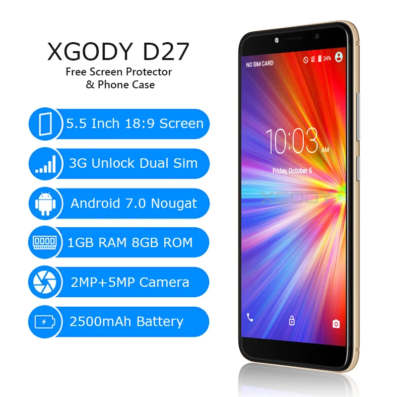 XGODY D27 3G Unlock Smartphone Android 7.0 5.5 Inch 18:9 Full Screen Mobile Phone Quad Core 1G+8G 5MP Camera Cell Phones 2500mAh