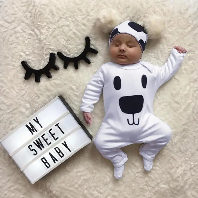 

2pcs Spring Newborn Baby Rompers Hat Toddler Cute Bear Jumpsuit Clothes Set Soft Cotton O-Neck Home Outfits