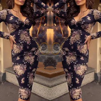 

Sexy Women Long Sleeve Deep V neck Bodycon Casual Party Evening Cocktail