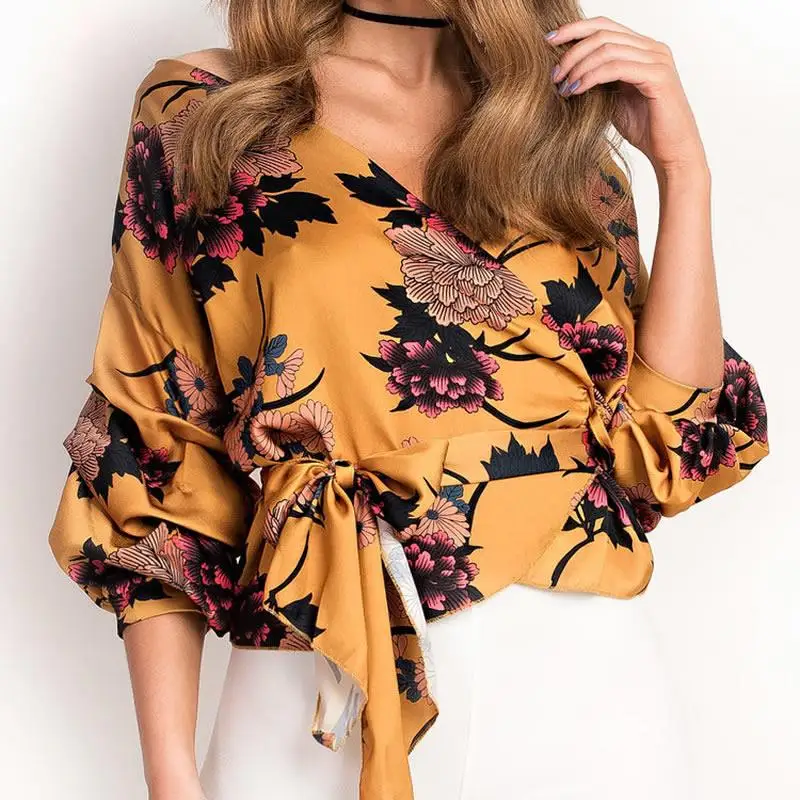 2019 Summer Women's New T-shirt European American Sexy Digital Printing V-neck Tie Shirt Shirt Women's Clothing Female T-shirt