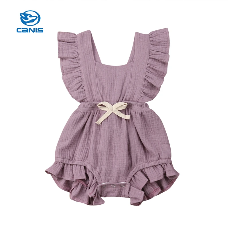 CANIS 2019 New Newborn Baby Girls Ruffle Solid Color Romper Backcross Jumpsuit Outfits Sunsuit Baby Clothing Bow Simple cute