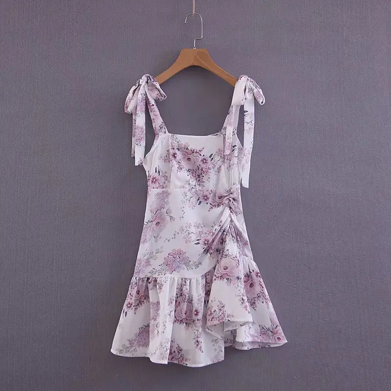 

DEAT 2019 Summer Sexy Sleeveless Square Collar Purple Floral Print Ruffles Chiffon Short Mini Women ME395