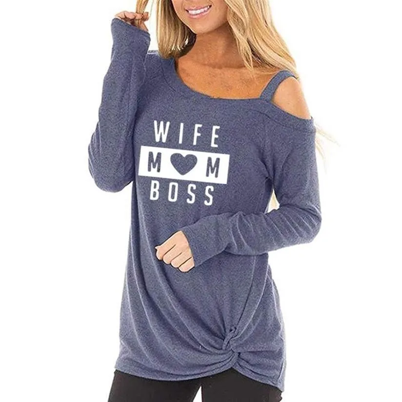 

2019 New Fashiont Shirt Oblique Shoulder T-Shirt WIFE MOM BOSS Letters Print T-Shirt For Women Tshirt Harajuku Women Top