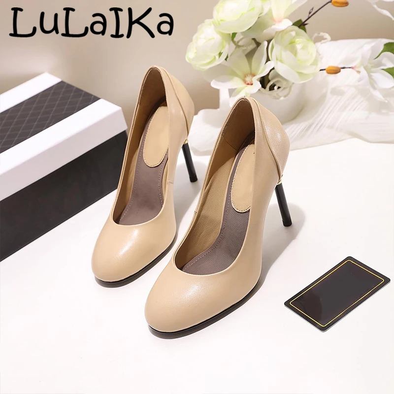 

Fashion Brand Solid Color Lady Pumps Shoes Sexy Round Head Genuine Leather Metal Fine heel Woman Wedding Party High Heels 10cm