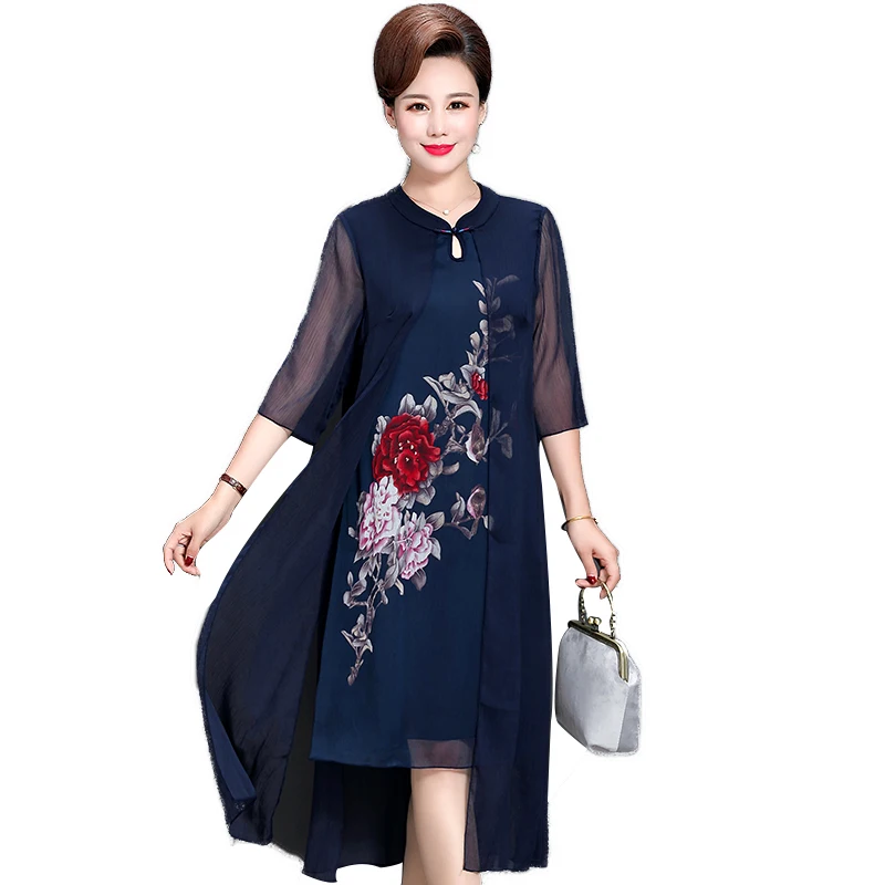 

Summer Dress Plus Size 3/4 Sleeve Middle Aged Women Party Dresses Casual Floral Print O-Neck Vestidos De Festa