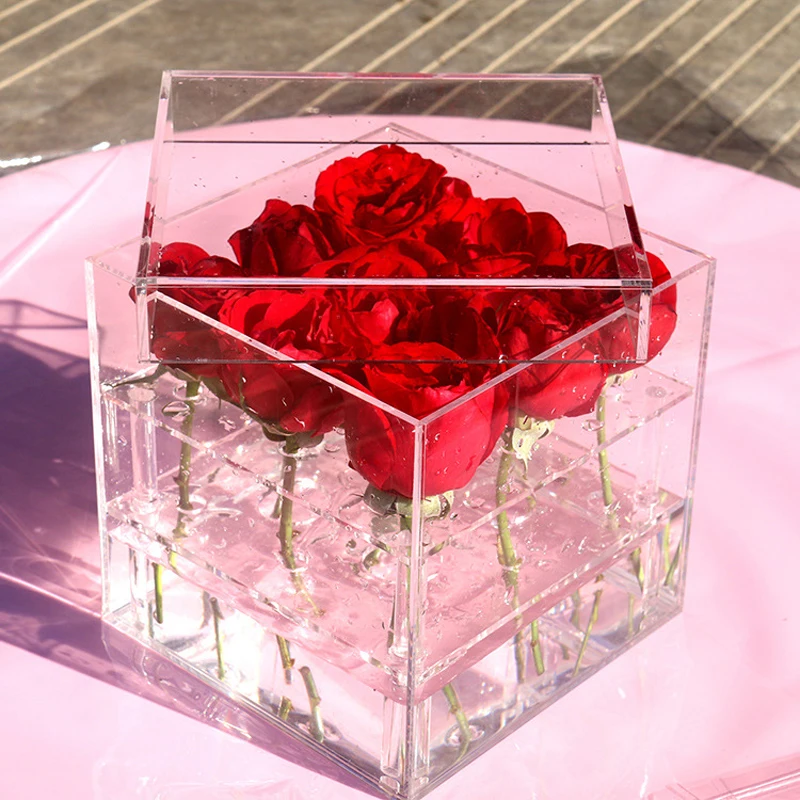 New Fashion Clear Acrylic Rose Flower Box Makeup Organizer