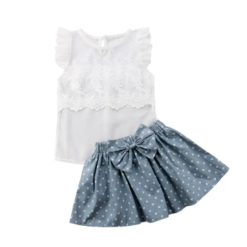 

Sweet Toddler Kids Baby Girls Princess Clothes Lace Floral T-shirt Tops+Dot Bow Skirts Summer Outfits Clothes 2PCS Set 2-6Y