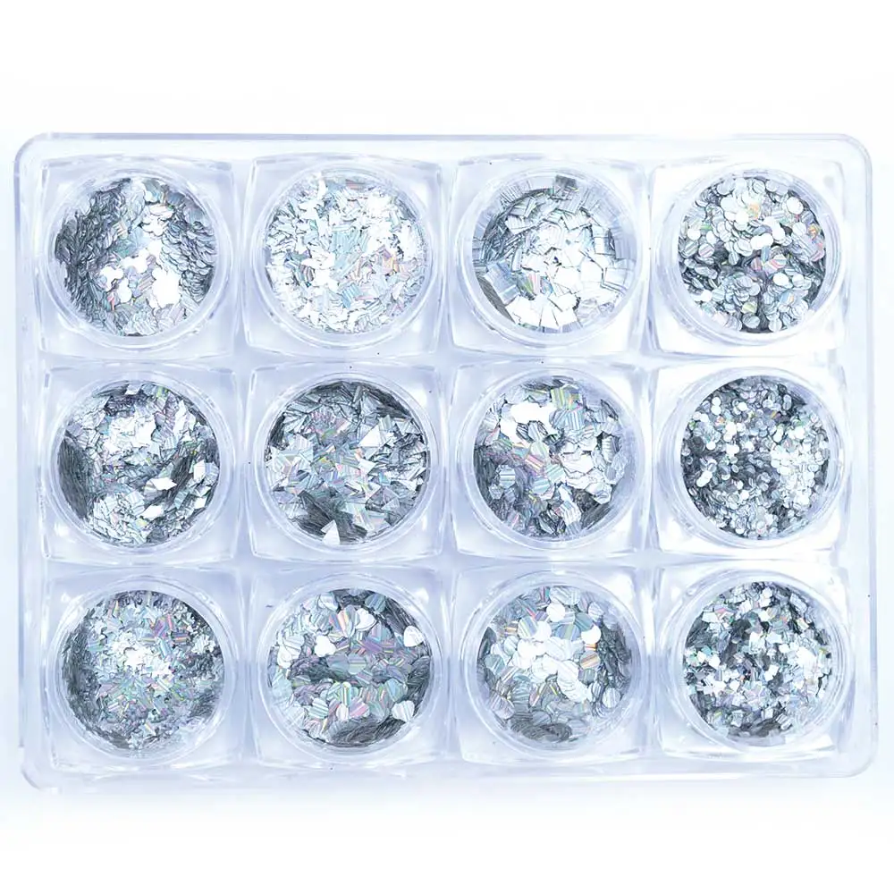 

1 Box 12 Shape Ultrathin Sequins With 3 Design Butterfly Round Star Heart Debris Linellae Flower Moon Powder for Nail Art Decors