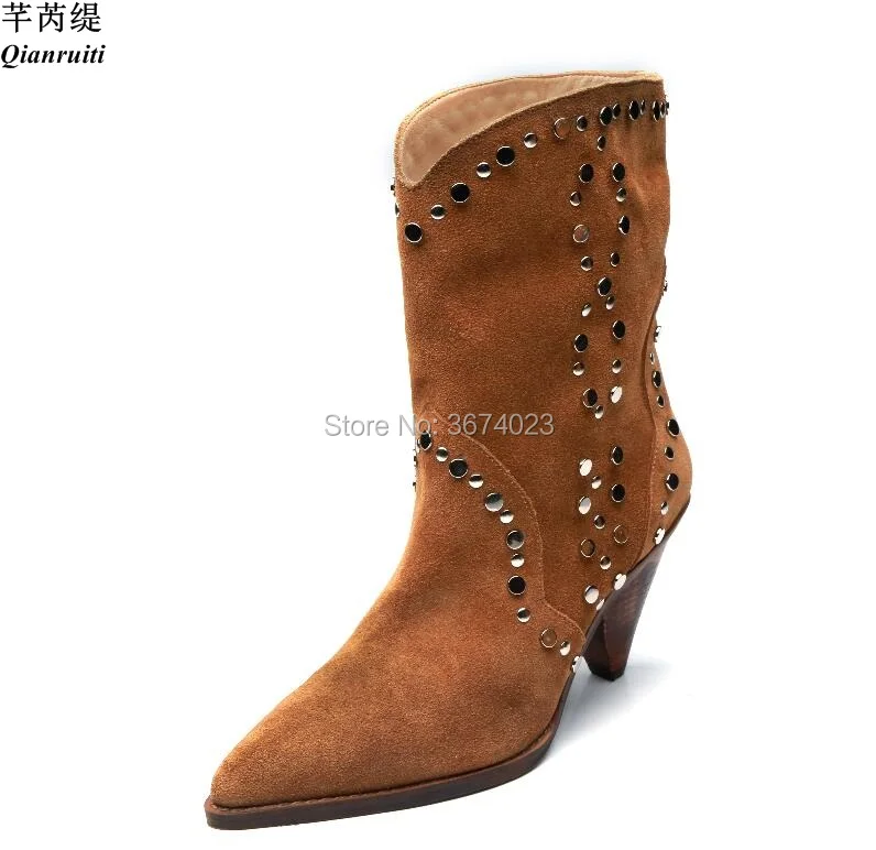 Femmes De Cowboy Western Pointu Qianruiti Rivets En Clouté Conique Bout Talons Piste Bottes On Slip Daim Vache Spike pqdnAwnX5