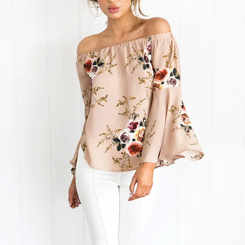 

Floral Ruffle Blouse Shirt Women Summer Sexy Off Shoulder Soft Chiffon Flare Sleeve Tops Loose Elegant Party Top Shirt Blusas