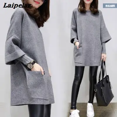 

2018 Autumn and winter new large size women's fat MM loose stitching long-sleeved jacket long solid color shirt round neck sweat