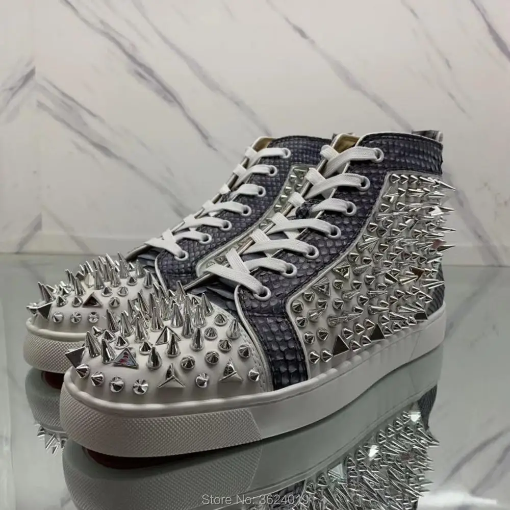 

Lace Up cl andgz White Leather Messy Silver Rivets blue snake Red bottoms For Shoes Man High Cut casual Loafers Flat Footwear