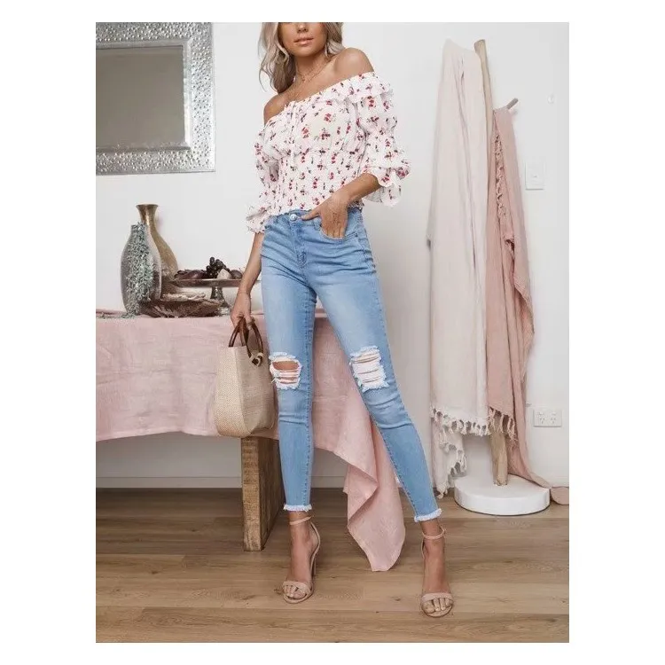 

2019 Women Floral Print Chiffon Shirts Sexy Off Shoulder Lace Up Crop Tops Fashion Ruffle Sleeve Blouses