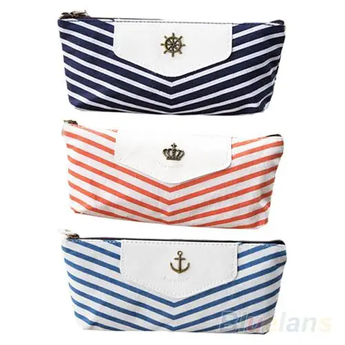 

Portable Canvas Navy Stripe Pencil Bag Pencil Case Pencil Box Storage Case Zipper Pouch Stationery Pen Bag School Supplies