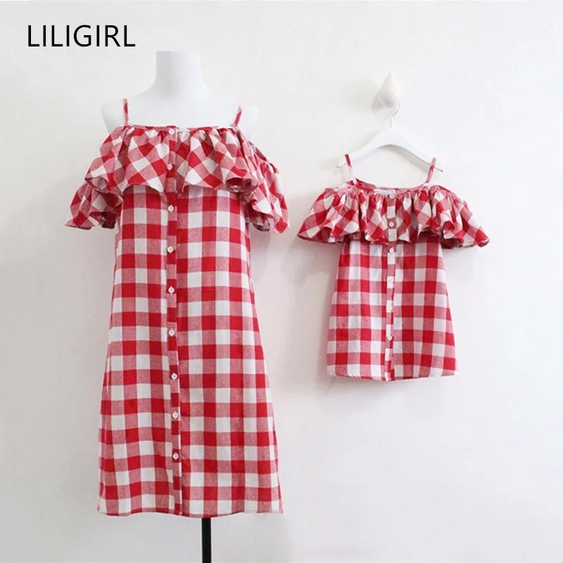 

LILIGIRL Ruffle Off Shoulder Mother Daughter Dress Mommy and Me Plaid Kids Dresses for Girls Family Matching Clothes Outfits