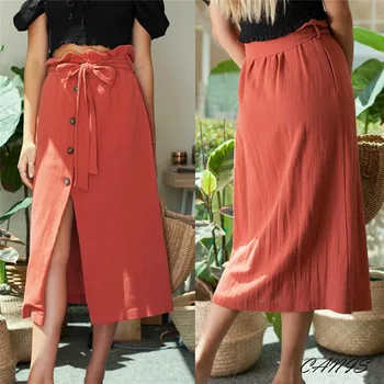

Fashion sash knotted Cotton Blend Button skirt women High waist sexy split Spring Summer skirt 2019 casual Holiday skirts female