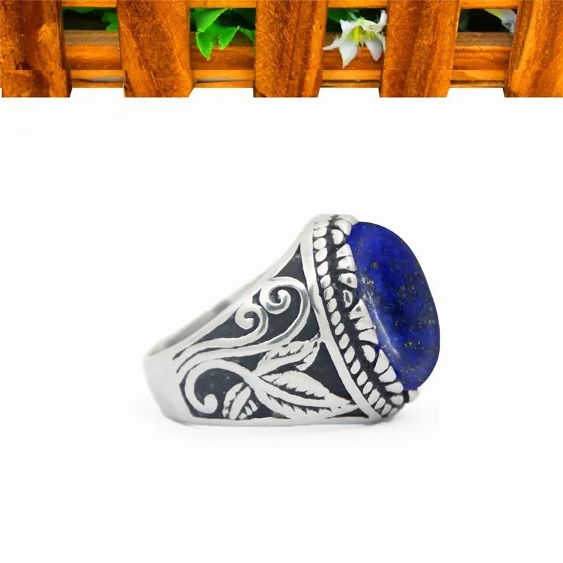 Oval Lapis Lazuli Stainless Steel Rings Natural Stone Leaf Plant Vintage Fashion Jewelry TR730|Кольца| |
