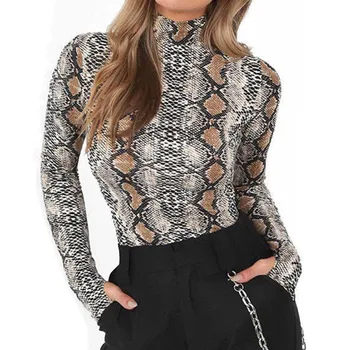 

Women Bodysuit Snake Skin Print Sexy Jumpsuits Women Long Sleeve Top Womens Rompers Jumpsuit Ladies Playsuits High Neck Bodysuit