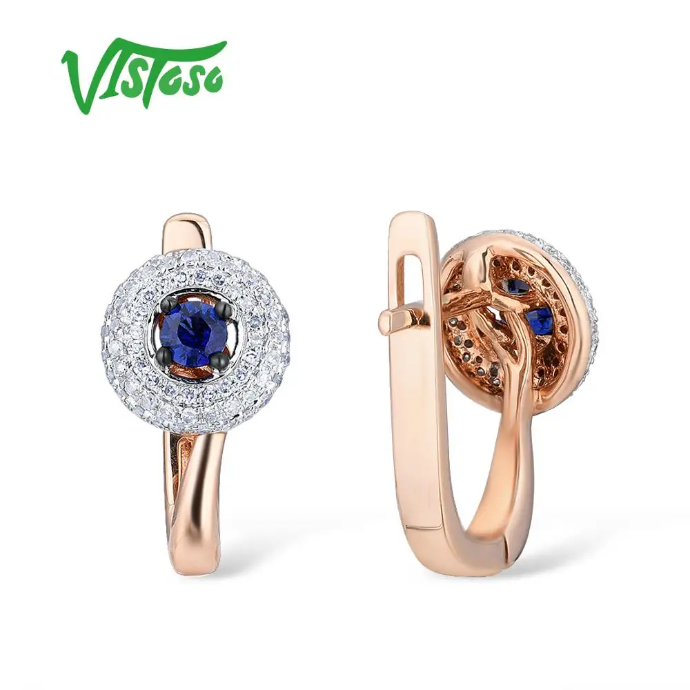 VISTOSO Gold Earrings For Women Genuine 14K 585 Rose Gold Round Circle Sparkling Blue Sapphire Diamond Anniversary Fine Jewelry