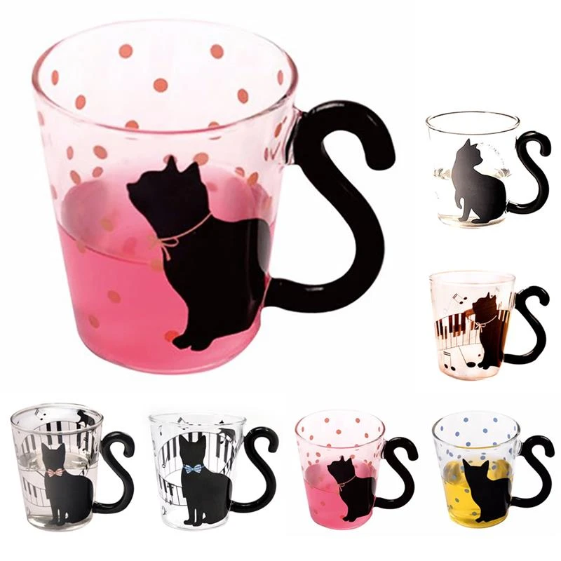 4pcs Creative Cute Cat Glass Mug Cup Tea Cup Milk Cup Coffee Cup Glass Gift