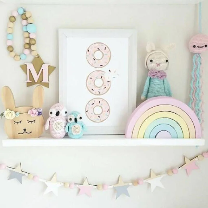 

INS Nordic wooden star banner hanging curtain little girl baby beaded wall decorative curtain bed curtain