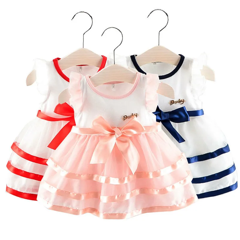 Одежда для маленьких девочек летние хлопковые вечерние мини-платья без рукавов с круглым вырезом в полоску и бантом