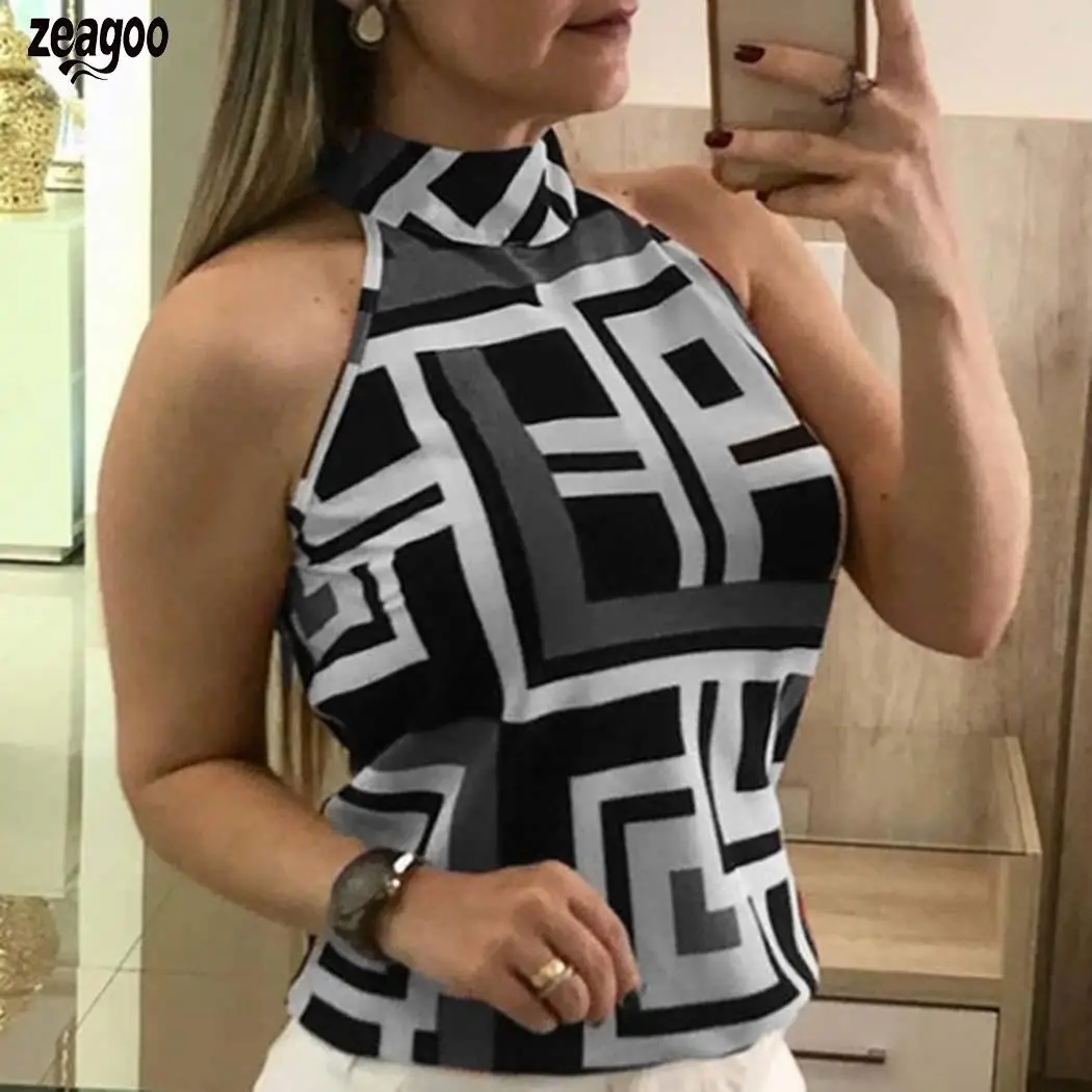 

Women Fashion Halter Neck Sleeveless Geometric Print Tank Casual Top Summer
