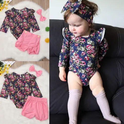  Newborn Baby Girls 3pcs Clothes Jumpsuit Romper Bodysuit Shorts Outfits Set