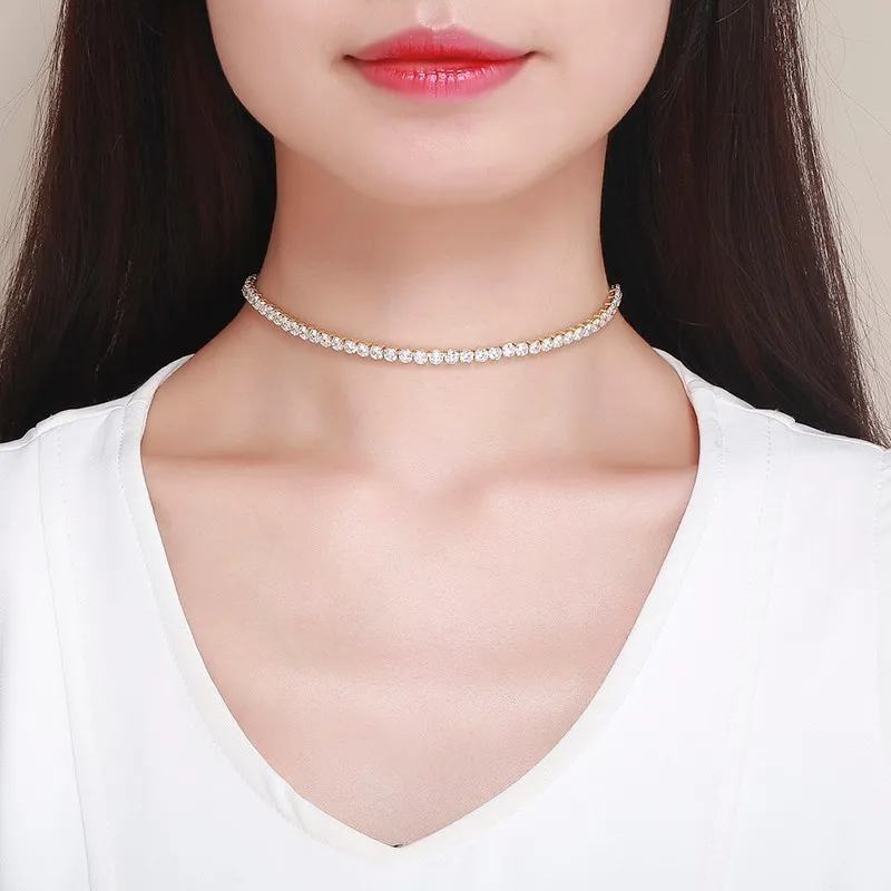 

Yellow Gold Color Linked CZ Chain Short Choker Necklace For Women Girls Jewelry 35cm+5cm 4mm Collier Collares Kolye Ketting 14"