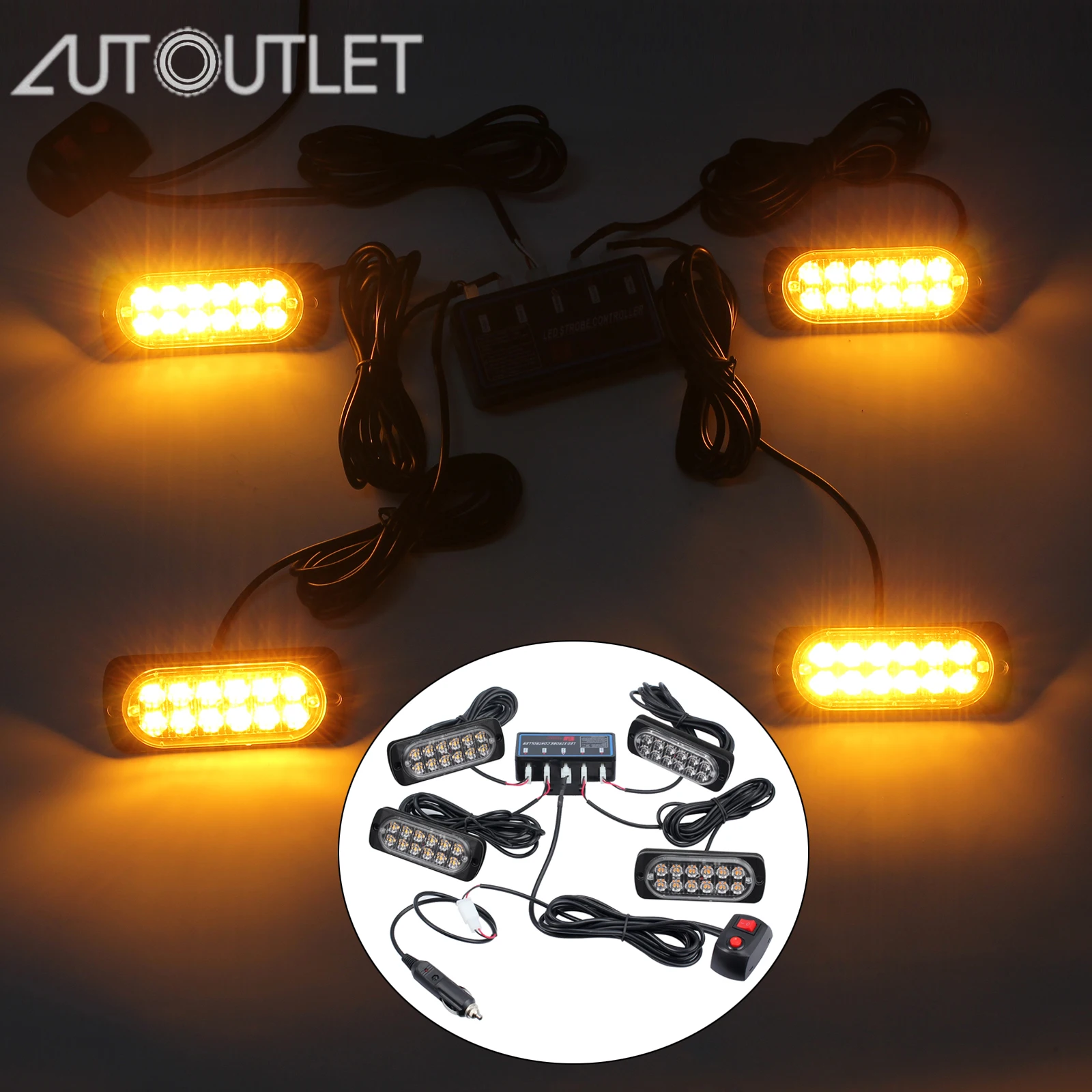AUTOUTLET 4pcs Waterproof Strobe Light Led Flashing Light Car