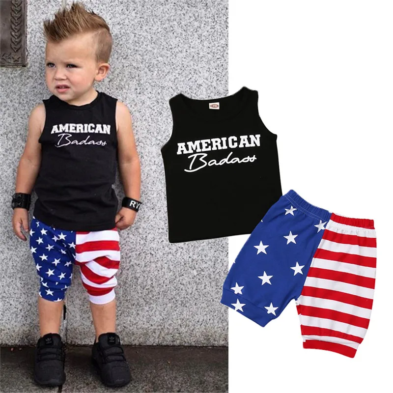

Toddler Sleeveless Top Striped Short 2 Pieces Clothes Set 2019 Baby Boys Kids Clothes T-shirt Tops+ USA Shorts Outfits Set