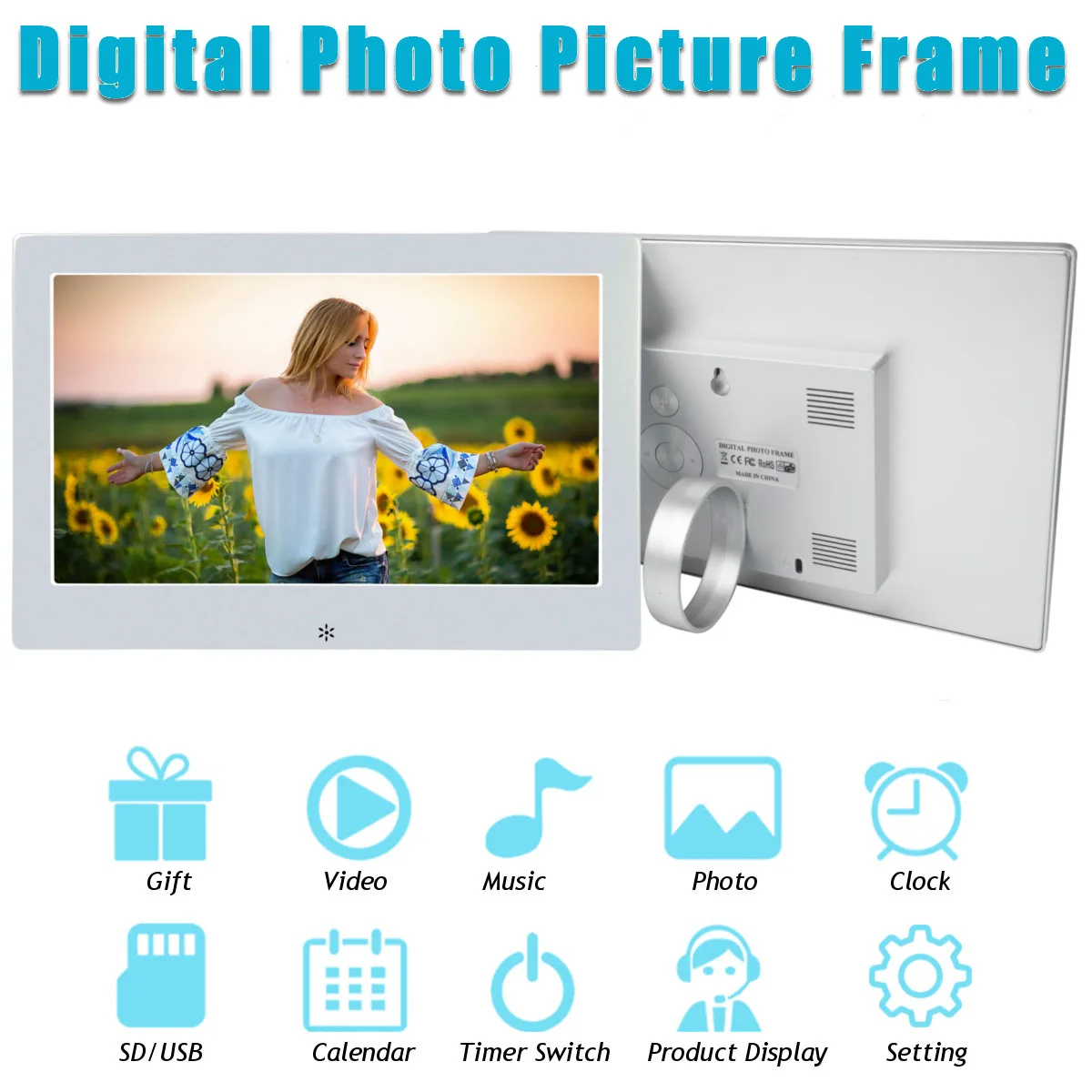 

10'' HD Digital Photo Frame LCD Display Full Function Electronic Picture Album Calendar MP3 Movie Player Silver Black AU Plug