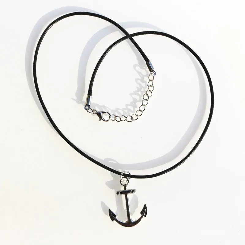 

New Fashion Silver Pendant boat anchor Necklace Choker Charm Black Leather Cord Factory Price Handmade jewelry