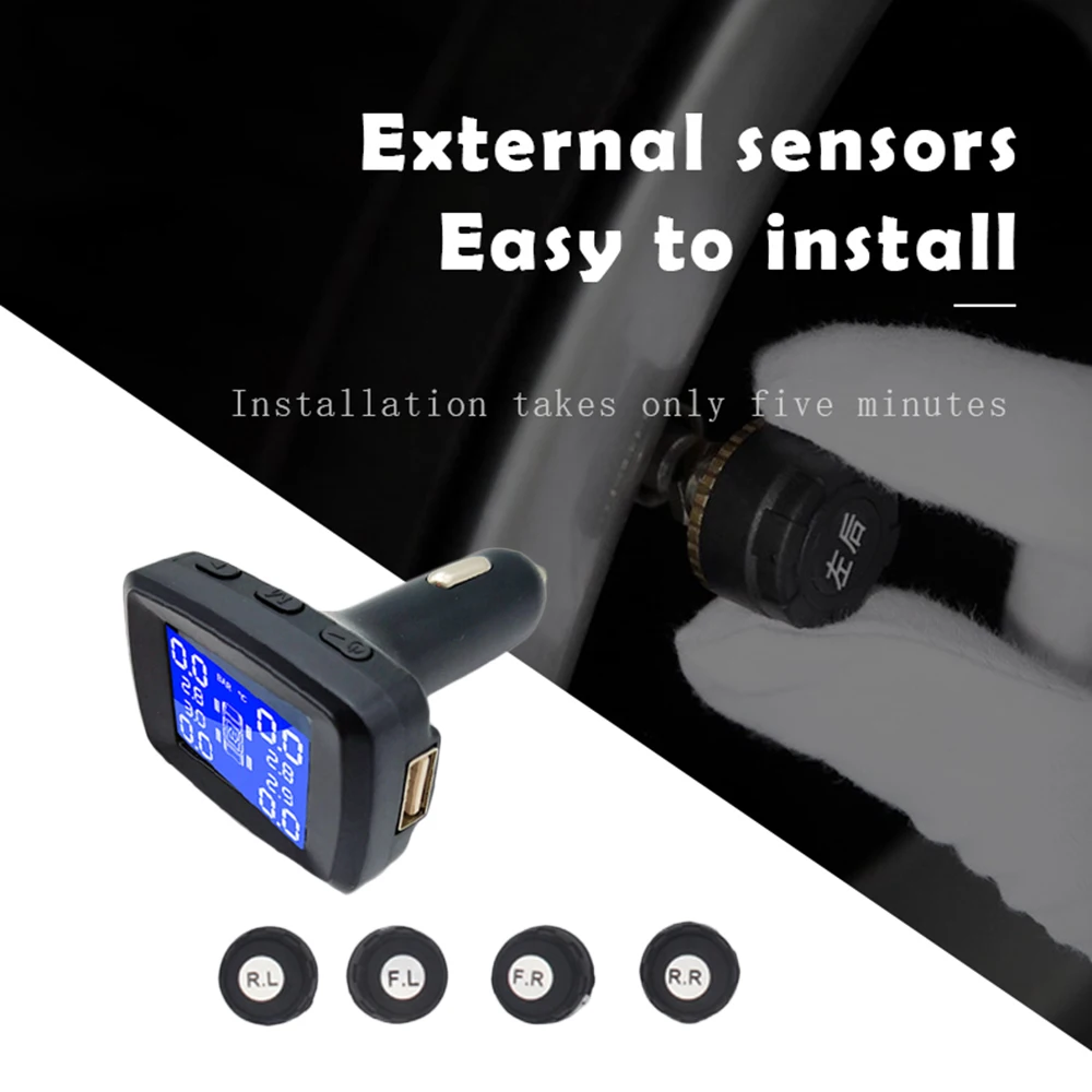 Tire Pressure Monitoring System Wireless TPMS Cigarette Lighter Plug with 4pcs Internal Sensors Temperature Pressure LCD Display