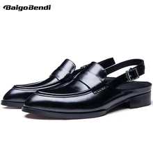 Римский стиль пояса из натуральной кожи для мужчин с закрытым носком и пряжкой сандалии с ремешками мода квадратный каблук Сандалии острым носко